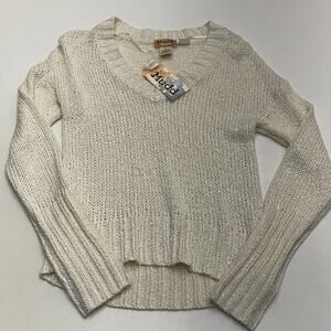 MUDD Womens Medium Cream Sparkle V Neck Sweater